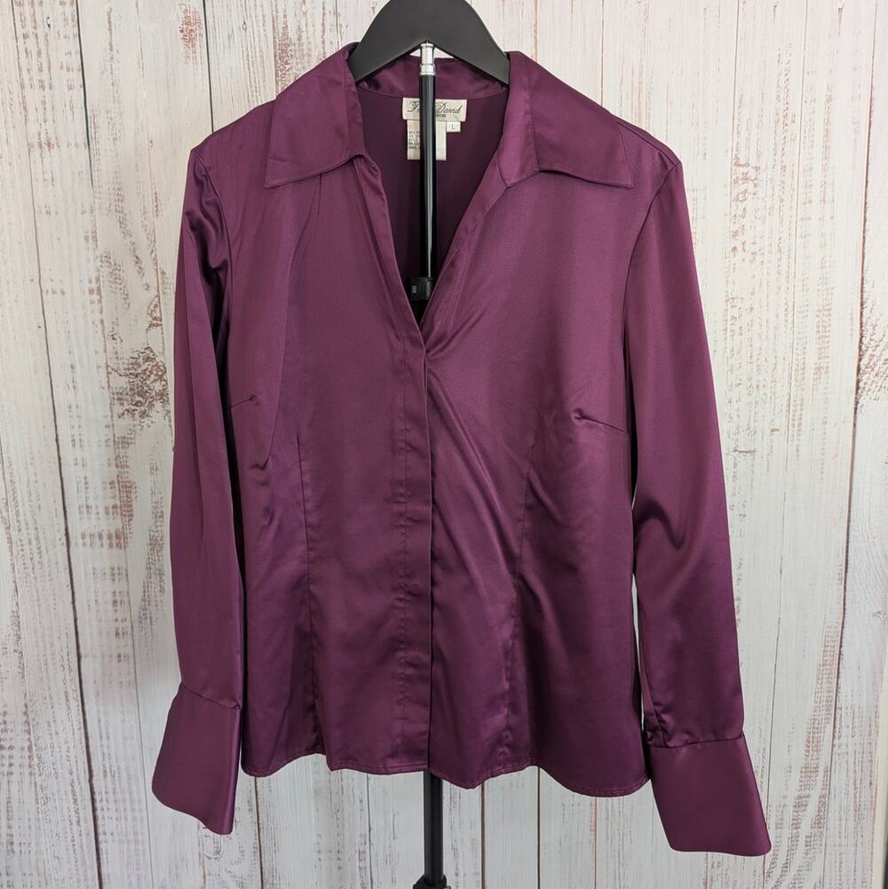 Fred David Blouse Womens L Plum Purple Stretch Satin French Cuff Button Down Top